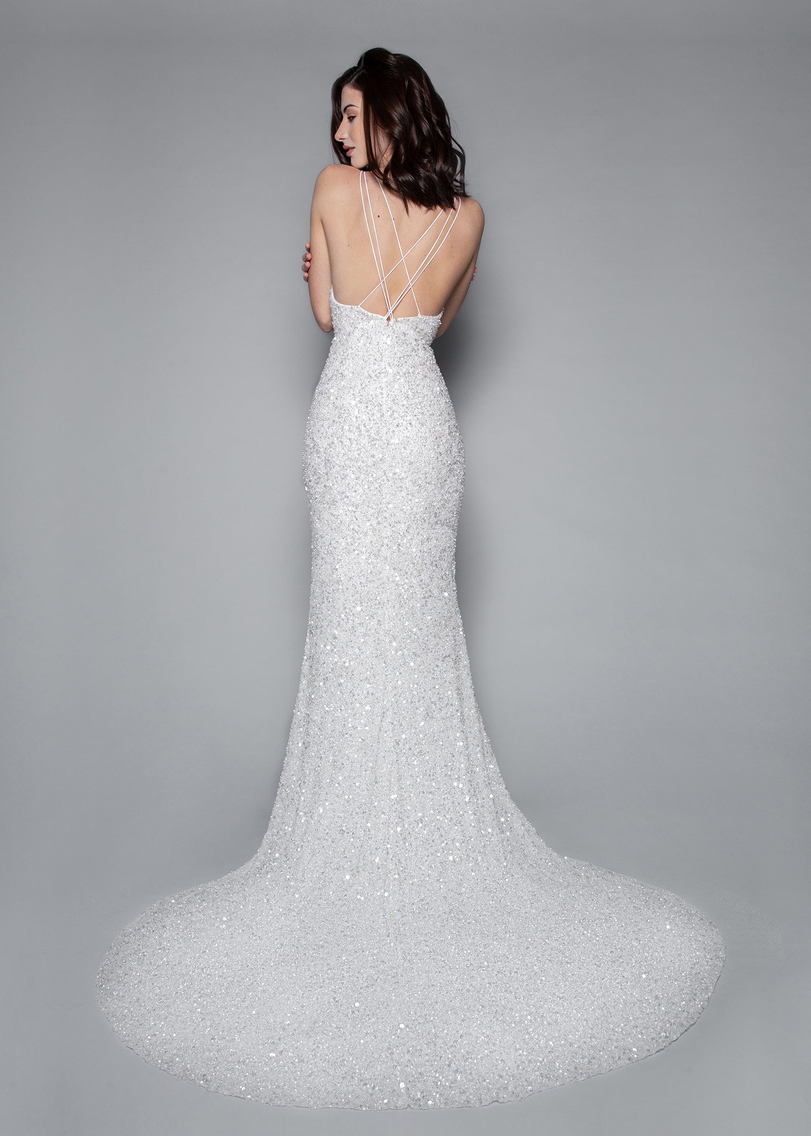 Sequin Embroidered Plunge V-Neck Trumpet Wedding Dress - Chapel train