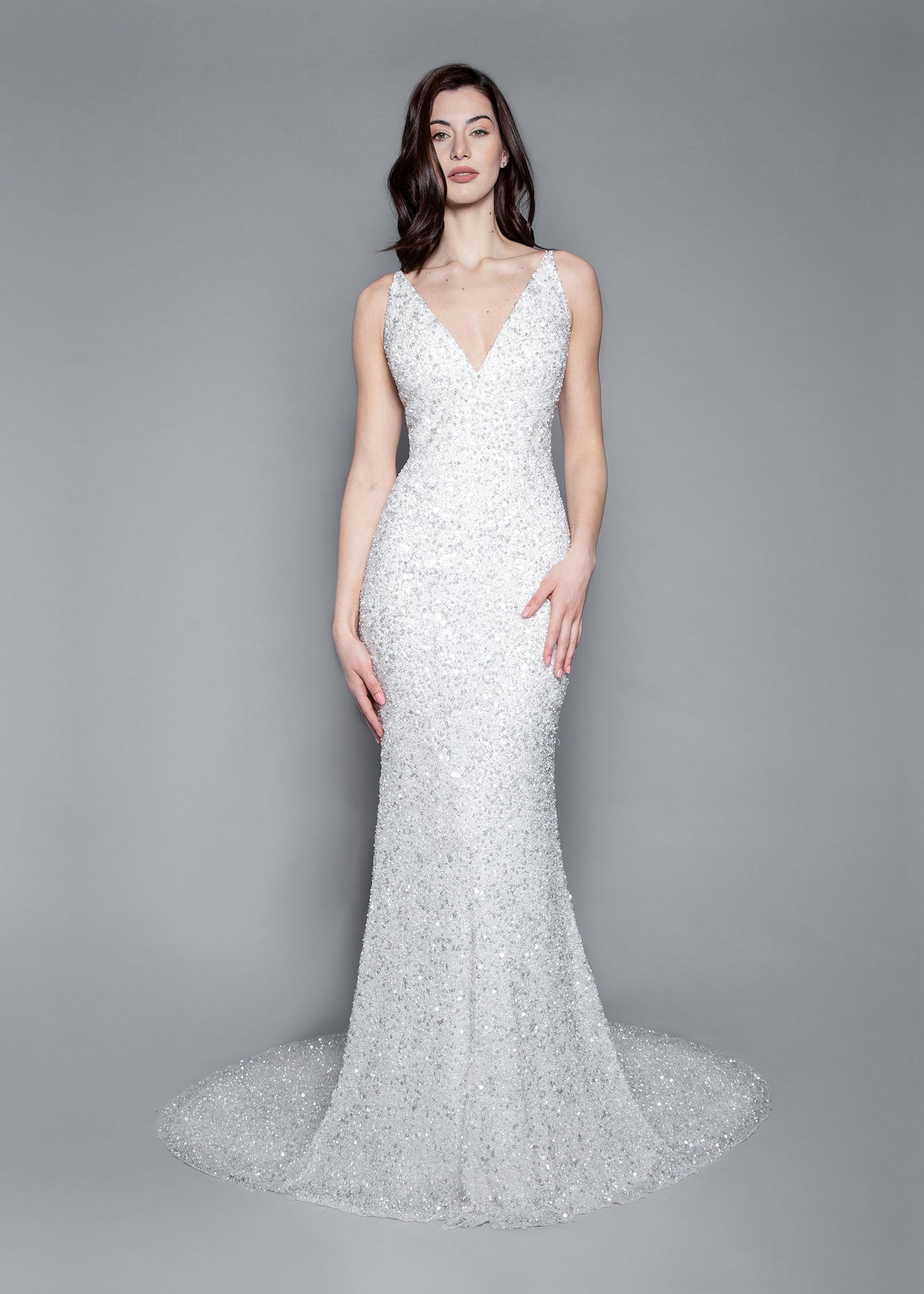 Sequin Embroidered Plunge V-Neck Trumpet Wedding Dress | Lotus Threads Bridal