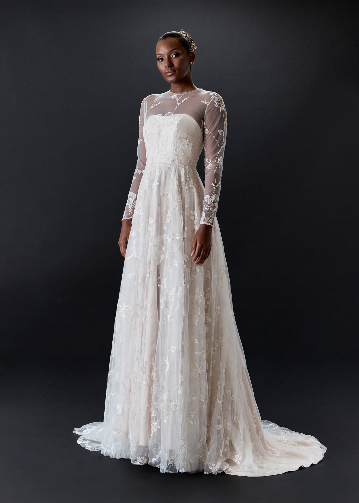 Long sleeve Illusion Embroidered A-Line Wedding Dress