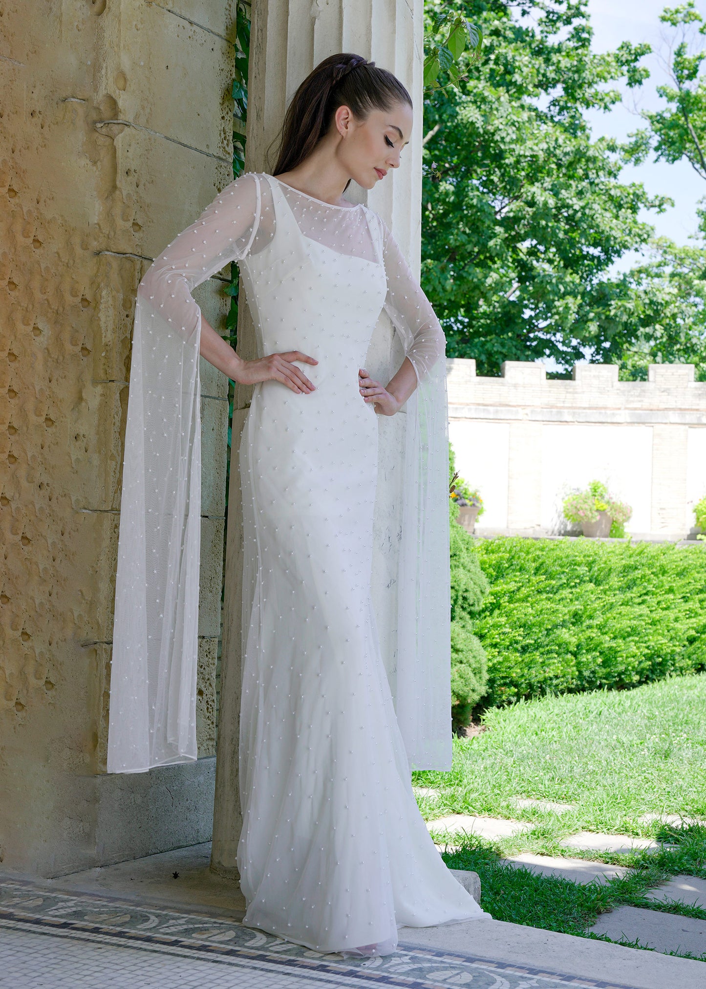 Long Pearl Cape with Flowing Bell Sleeves | Lotus Threads Bridal