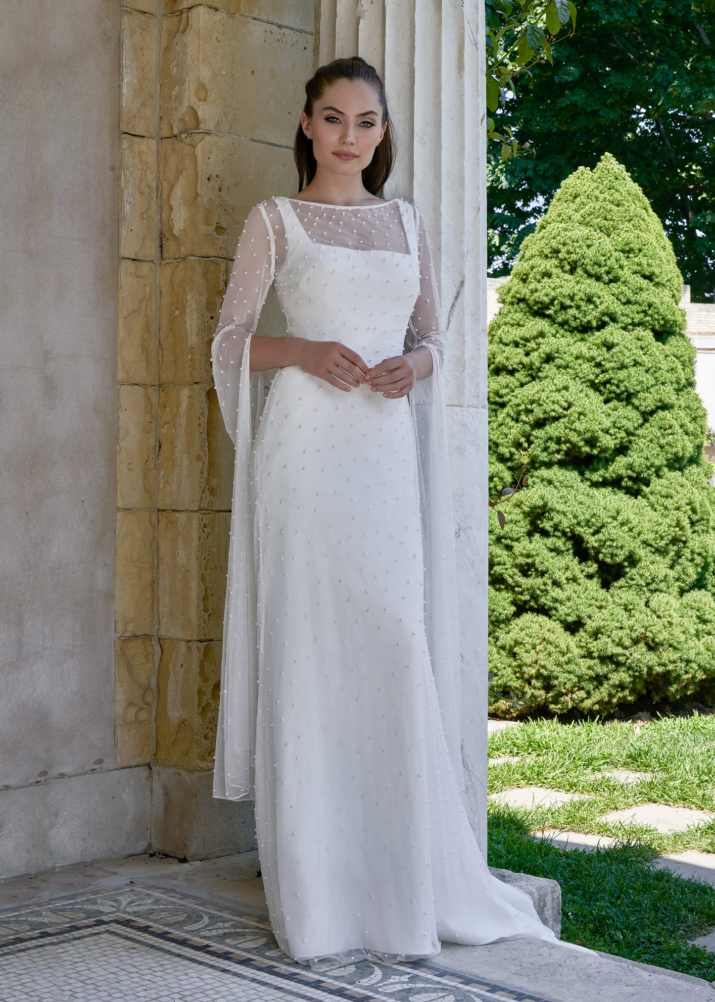 Long Pearl Cape with Flowing Bell Sleeves | Lotus Threads Bridal