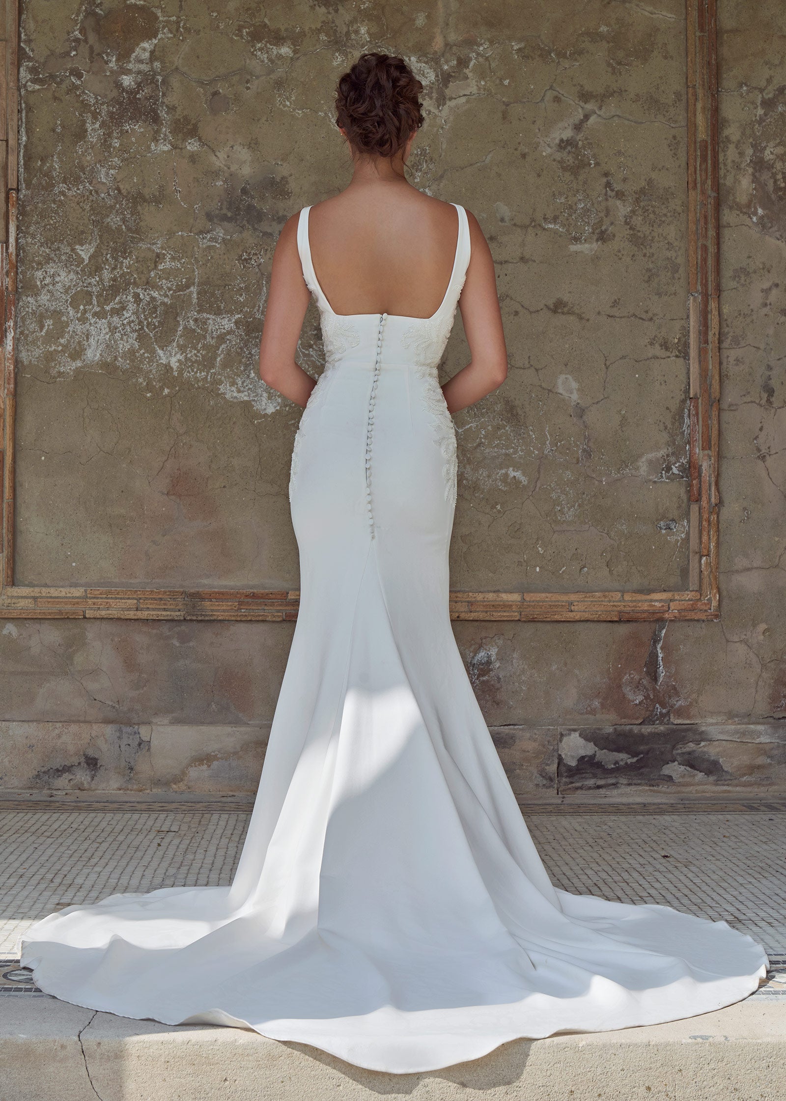 Crepe Mermaid Gown with Square Neckline and Chapel train - Back | Lotus Threads Bridal