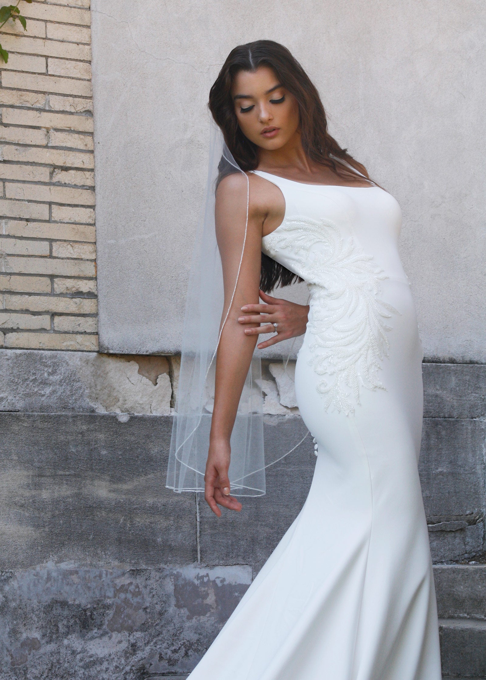 Crepe Mermaid Wedding Gown with Square Neckline and Textured Details | Lotus Threads Bridal