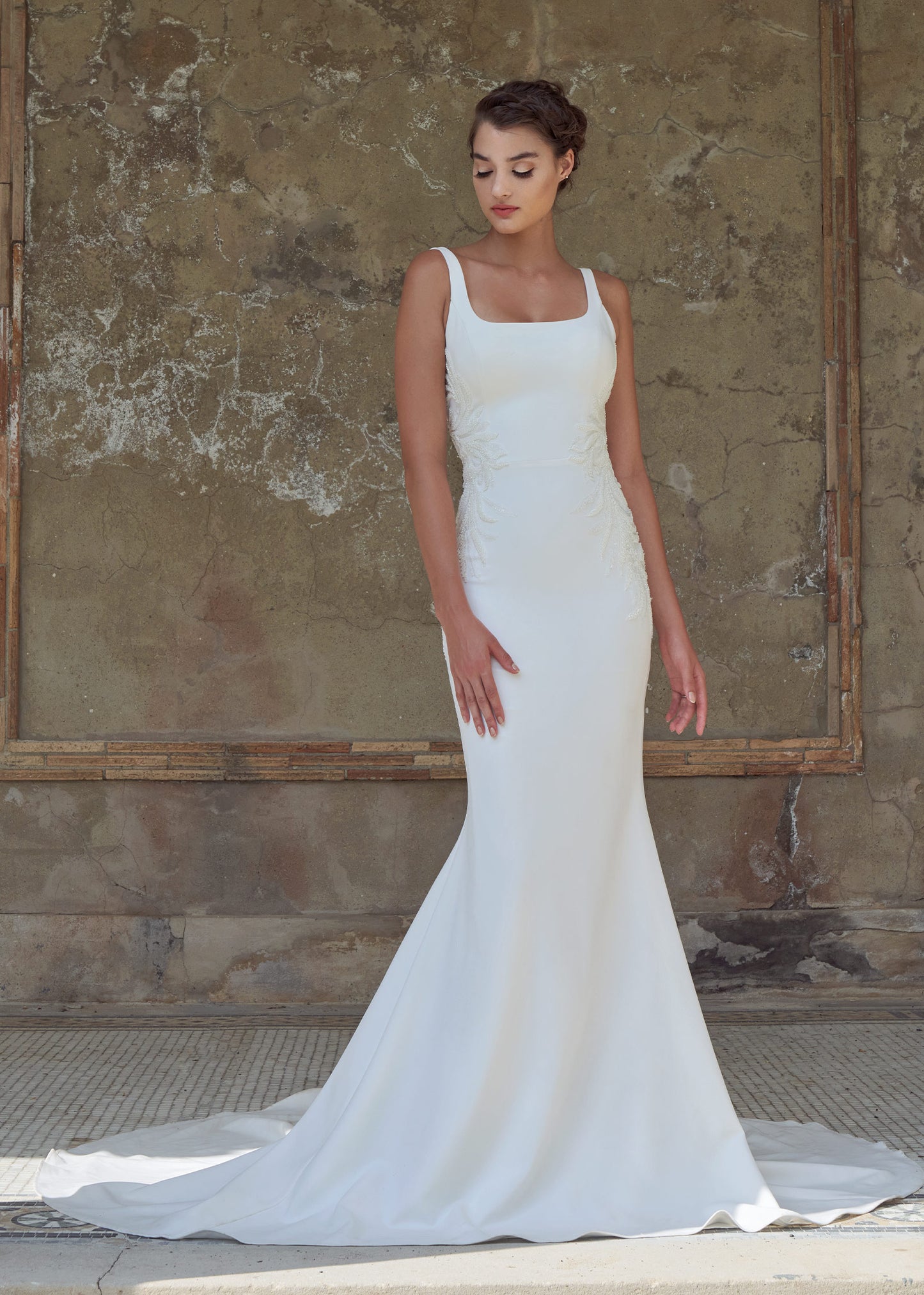 Crepe Mermaid Wedding Dress with Square Neckline and Textured Details | Lotus Threads Bridal