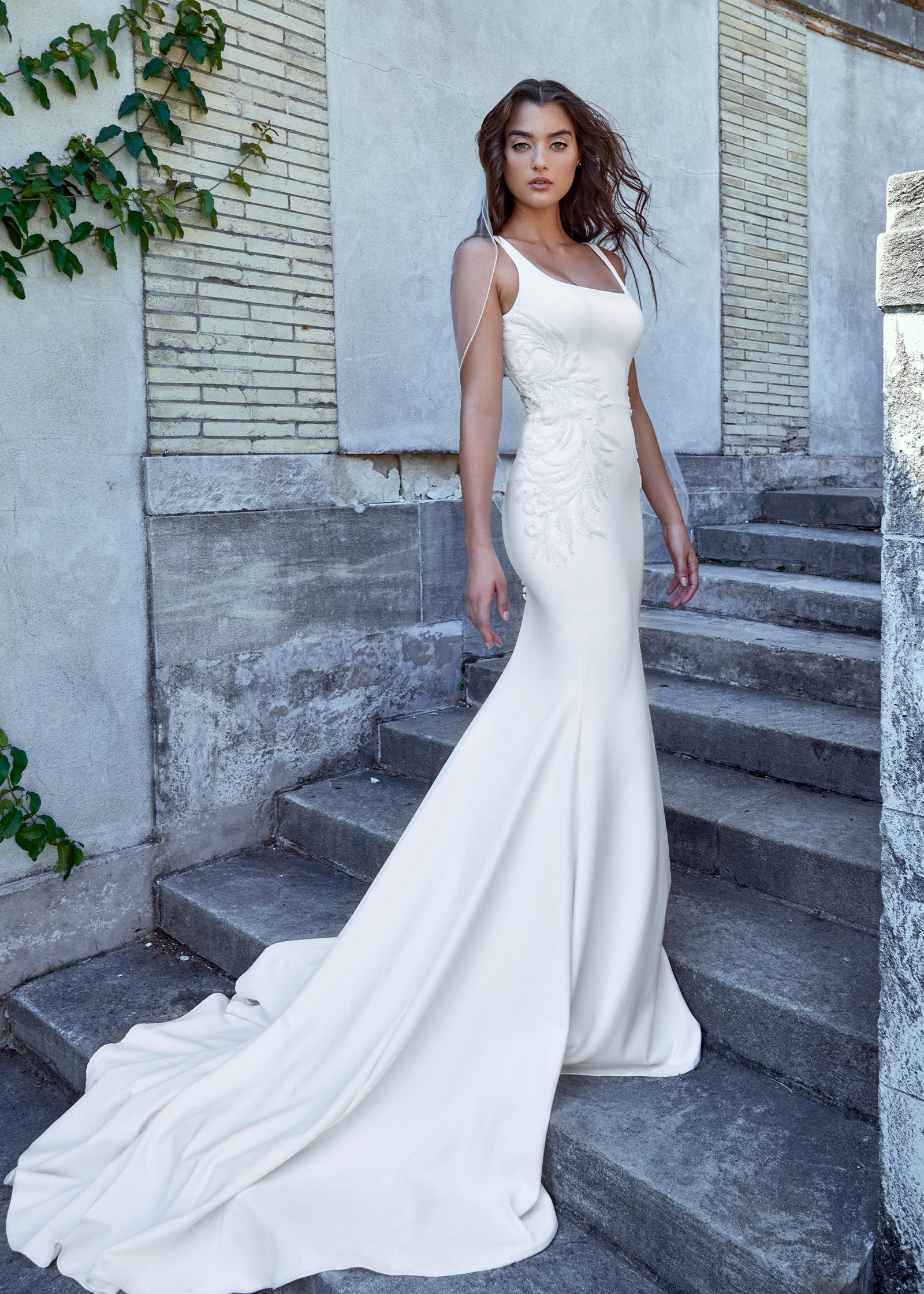 Crepe Mermaid Gown with Square Neckline and Textured Details | Lotus Threads Bridal