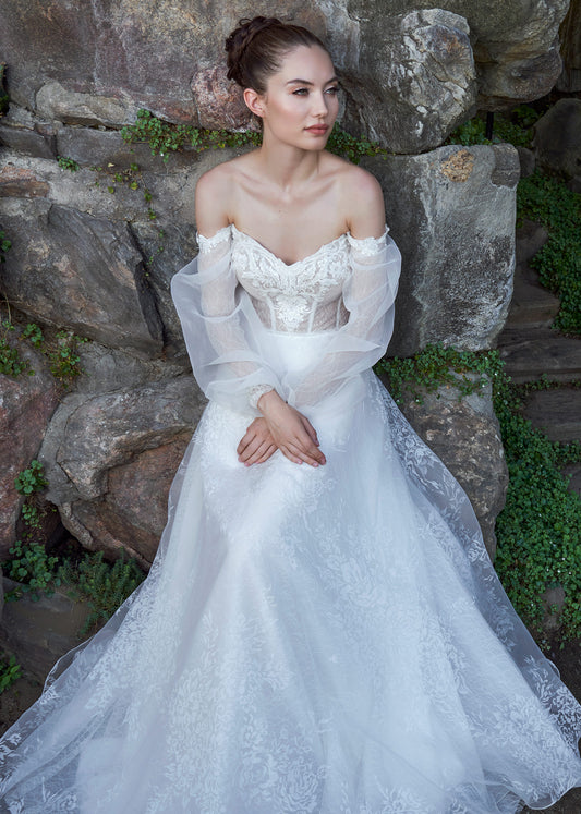 A-Line Organza Wedding Gown with Off-the-Shoulder Sweetheart Neckline | Lotus Threads Bridal