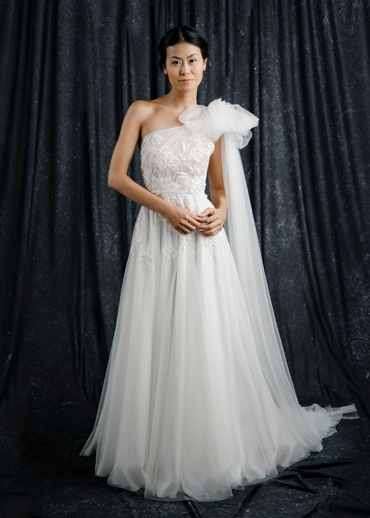 One-Shoulder A-line Wedding Dress with Floral Embellishments | Lotus Threads Bridal