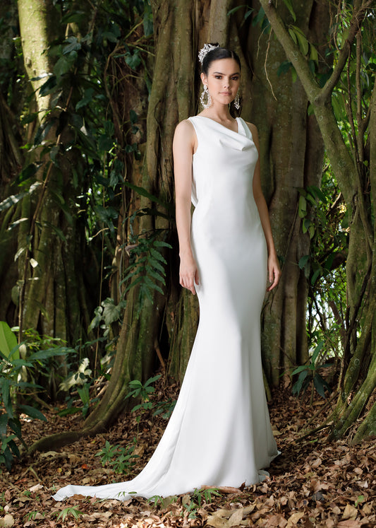 Crepe Mermaid Wedding Dress with Front and Back Cowl-Neck | Lotus Threads Bridal