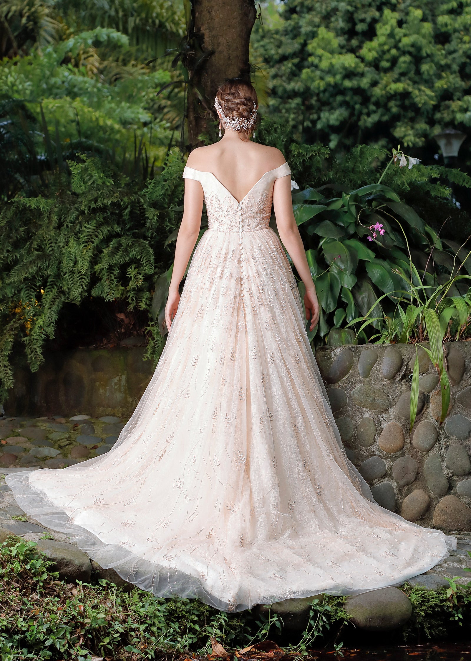 Off Shoulder Ball Gown with Layers of Chantilly Lace & Tulle - back