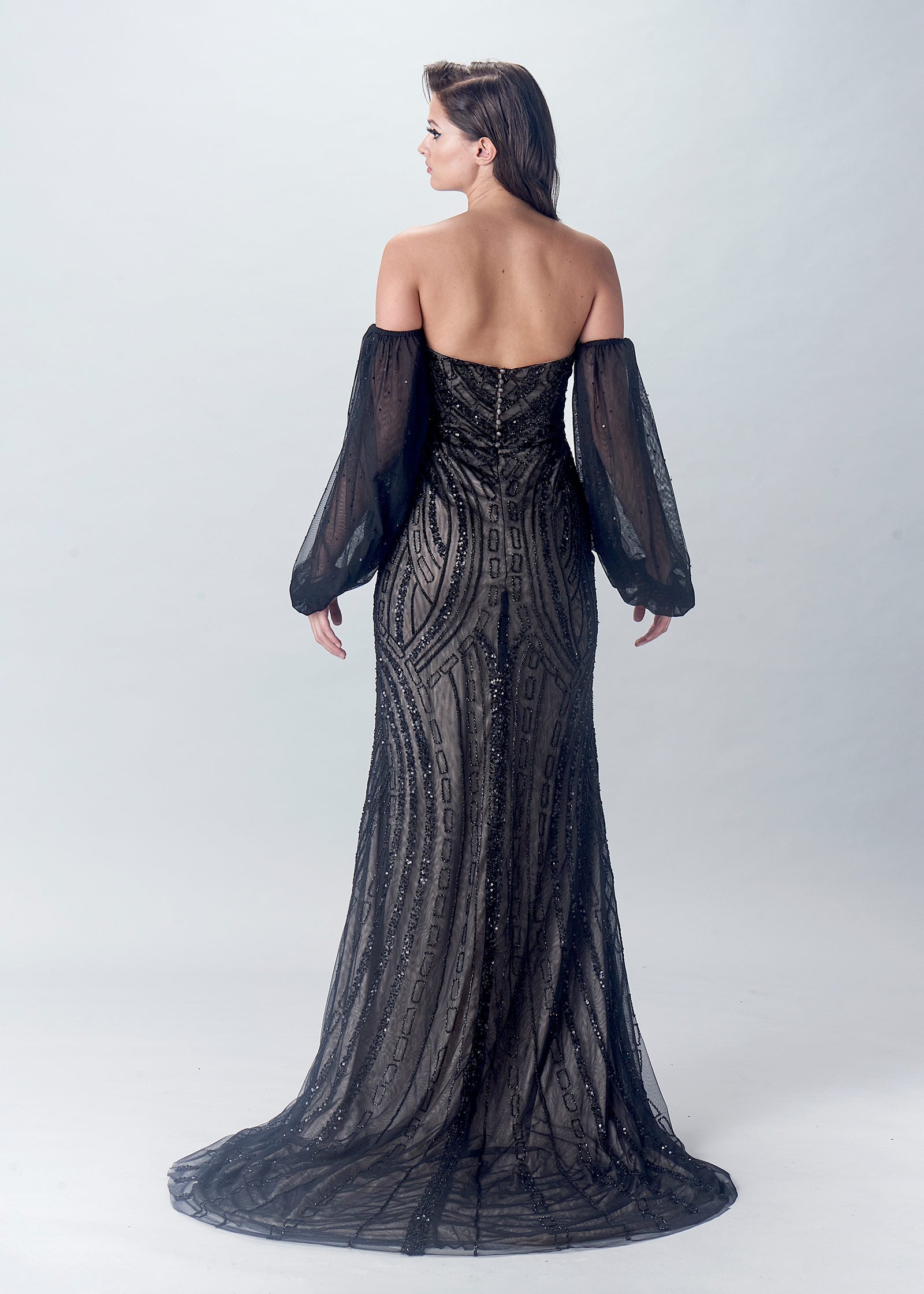 Sweetheart Column Gown with Off-Shoulder Bishop Sleeves | Evening Gown | Lotus Threads