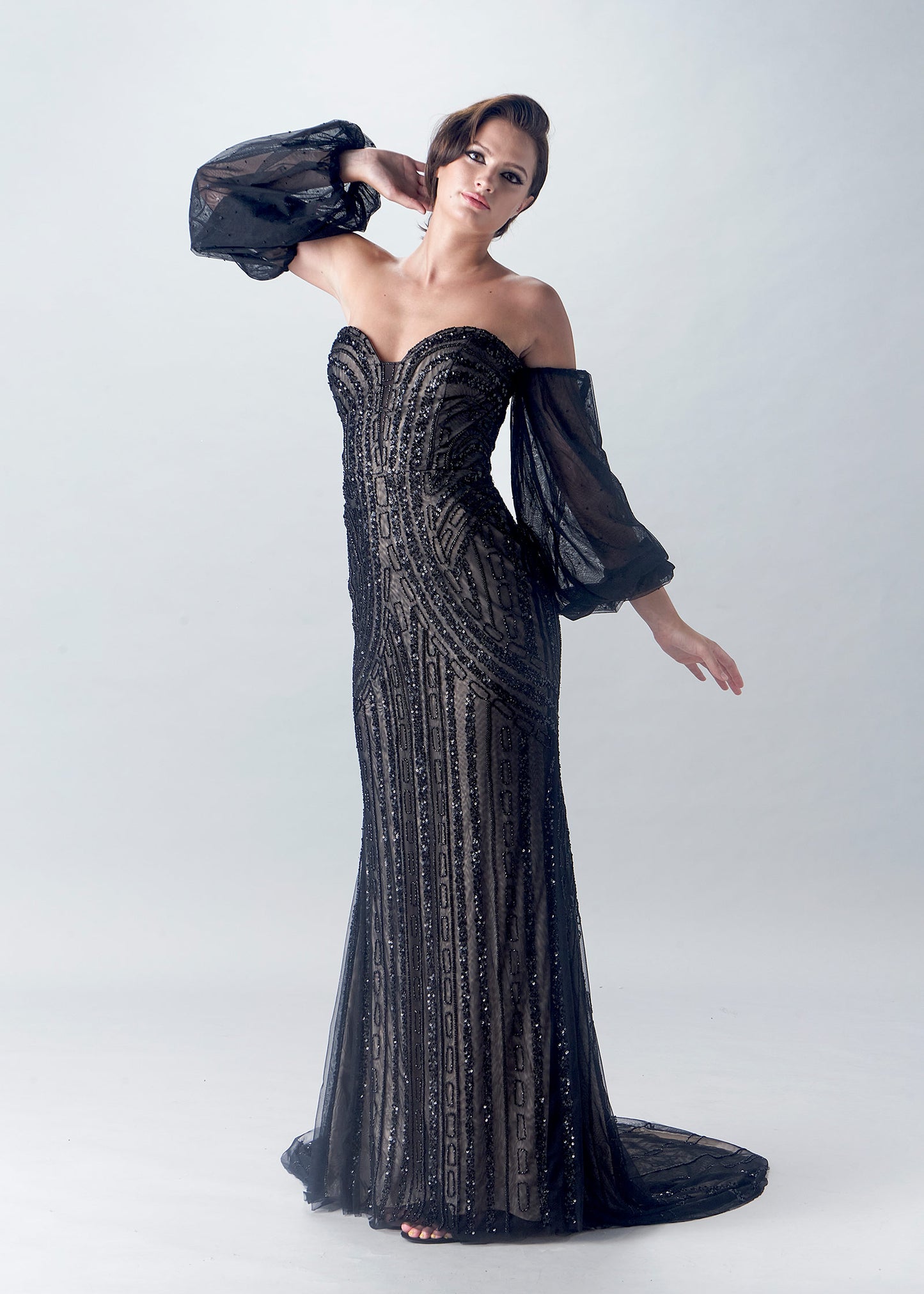 Sweetheart Column Gown with Off-Shoulder Bishop Sleeves | Black Evening Gown | Lotus Threads