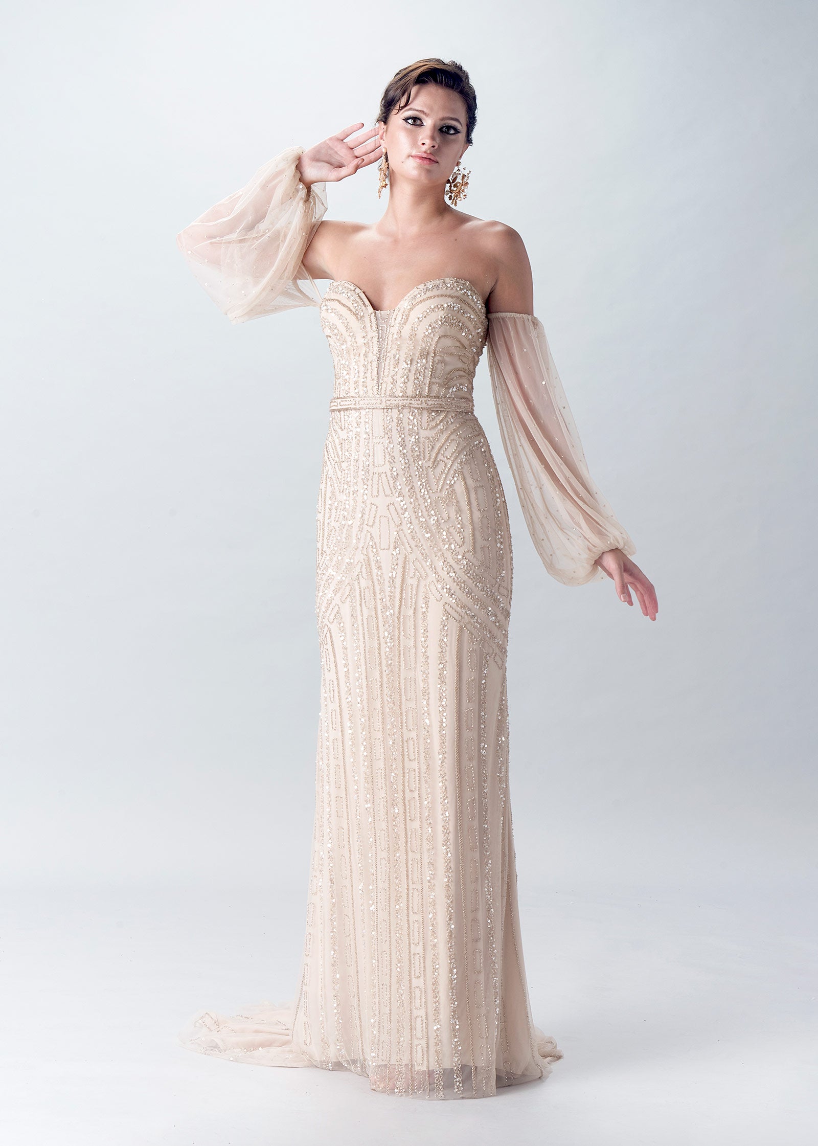 Sweetheart Column Gown with Off-Shoulder Bishop Sleeves | Champagne Evening Gown | Lotus Threads