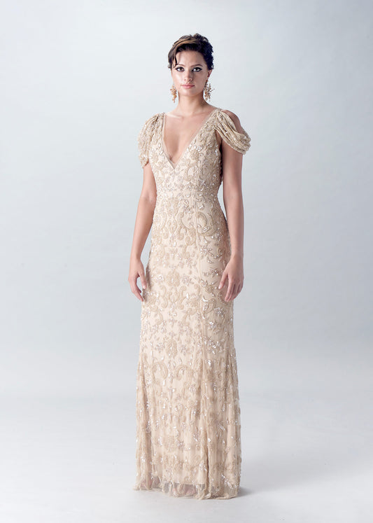 Elegant Sheath Gown with Cold-Shoulder Draped Sleeves | Champagne Evening Gown | Lotus Threads