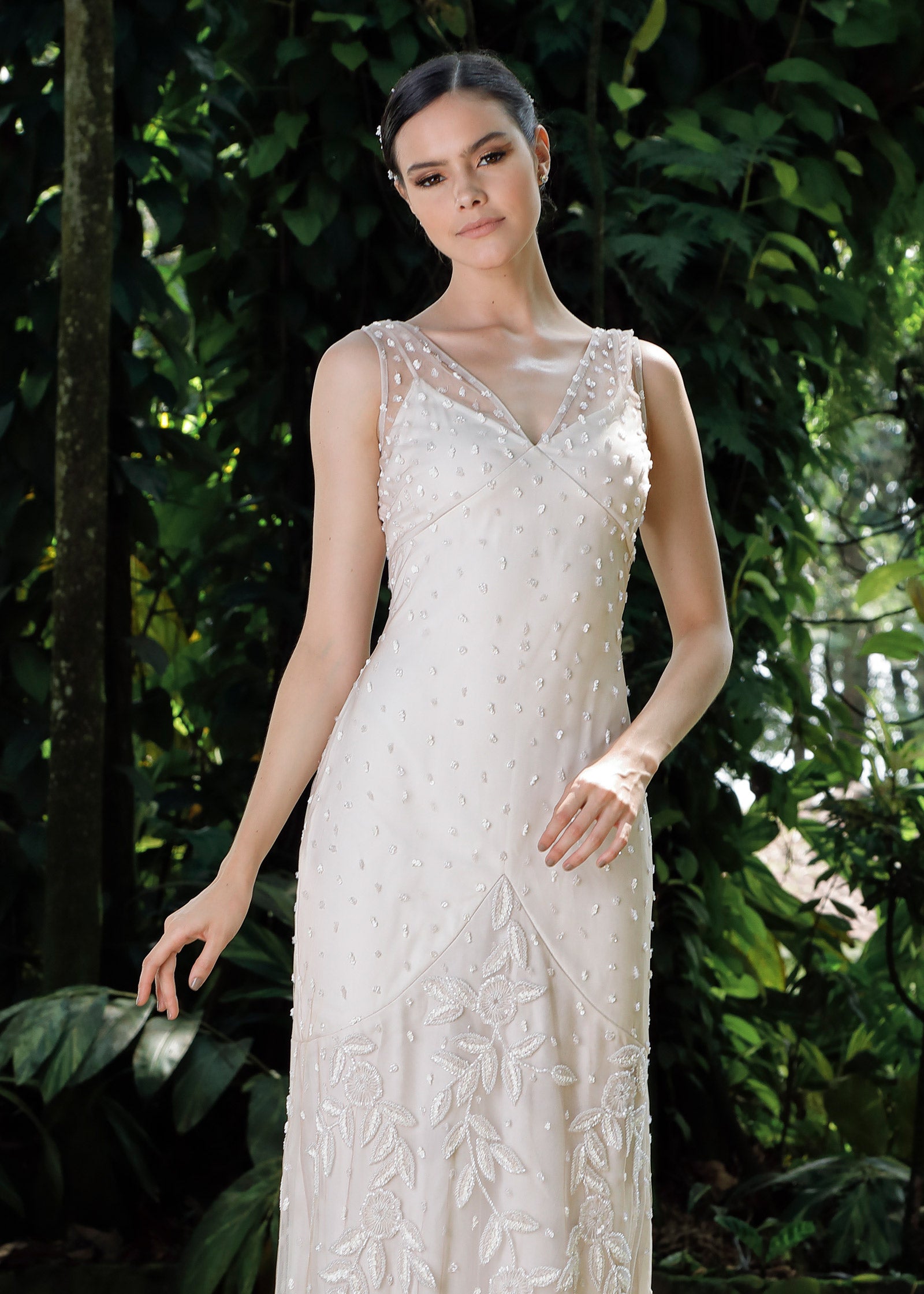 Sheath Wedding Dress with V-Neckline, Pearls and Crystals