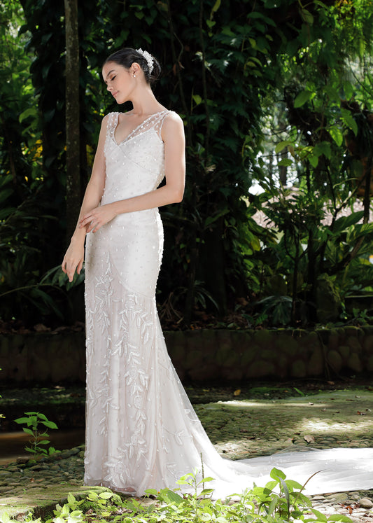 Sheath Wedding Dress with V-Neckline, Pearls and Crystals | Lotus Threads Bridal