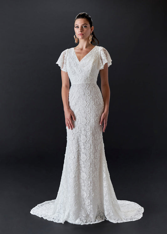 Flutter Sleeve V-Neck Lace Sheath Gown with Chapel Train | Lotus Threads Bridal