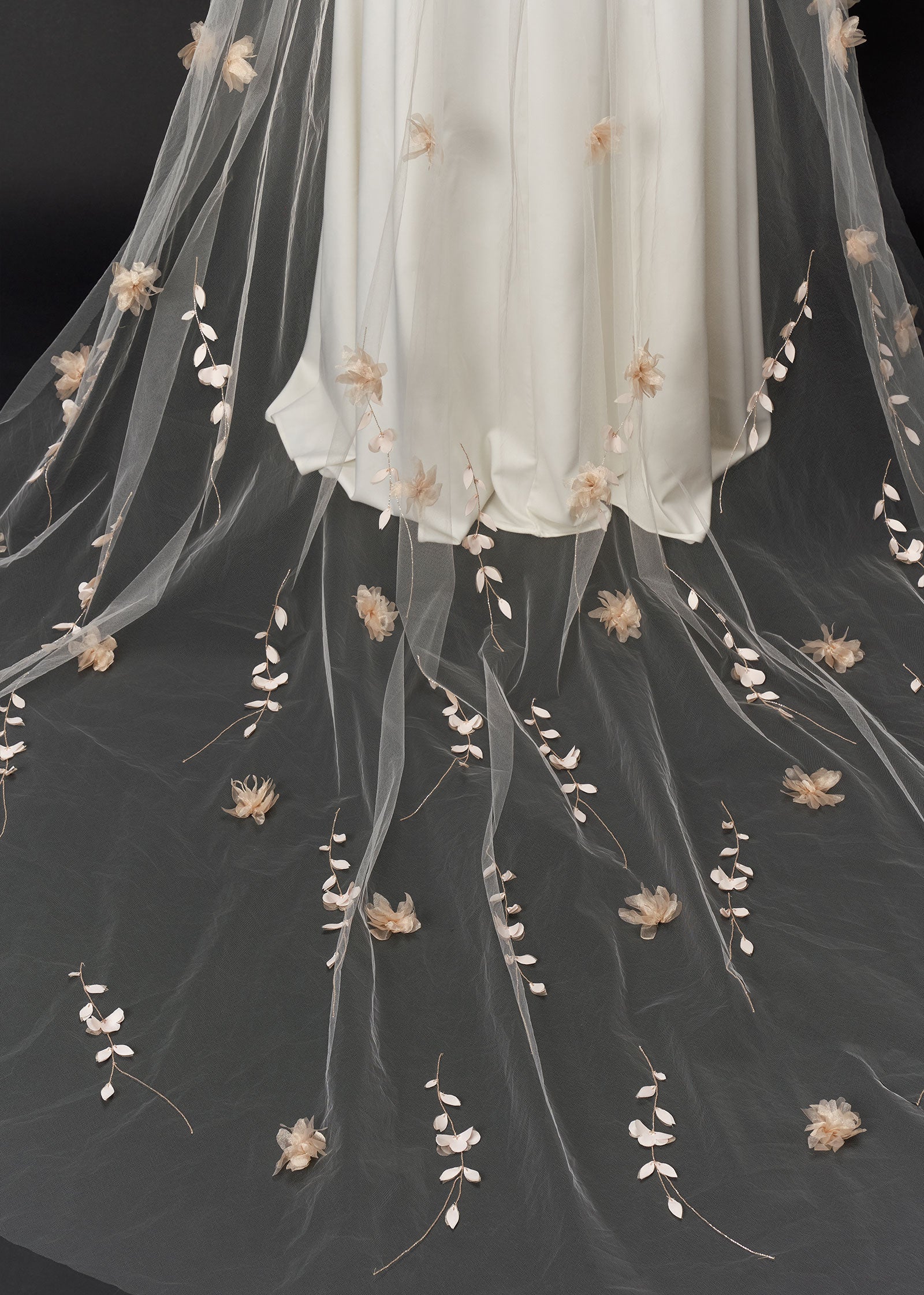 Champagne Wedding Veil with Flowers and Beaded - Details