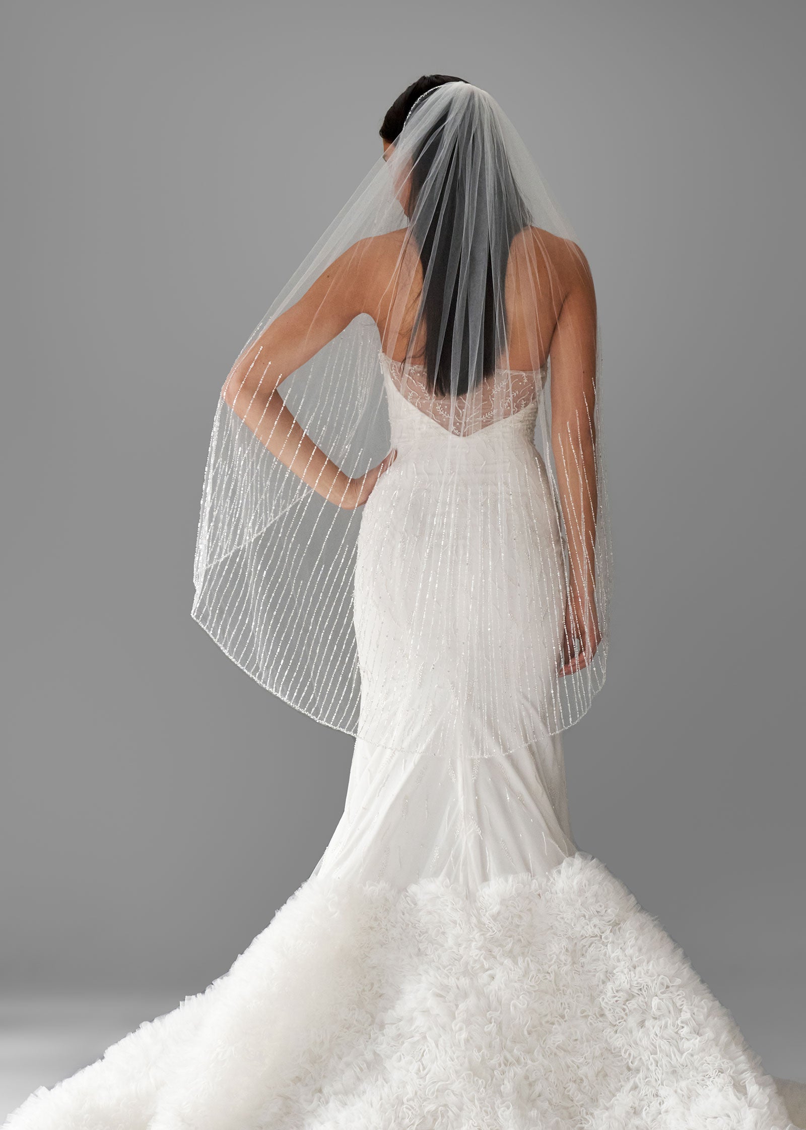 Wedding Veil with Vertical Beaded & Sequin Trim | Lotus Threads Bridal