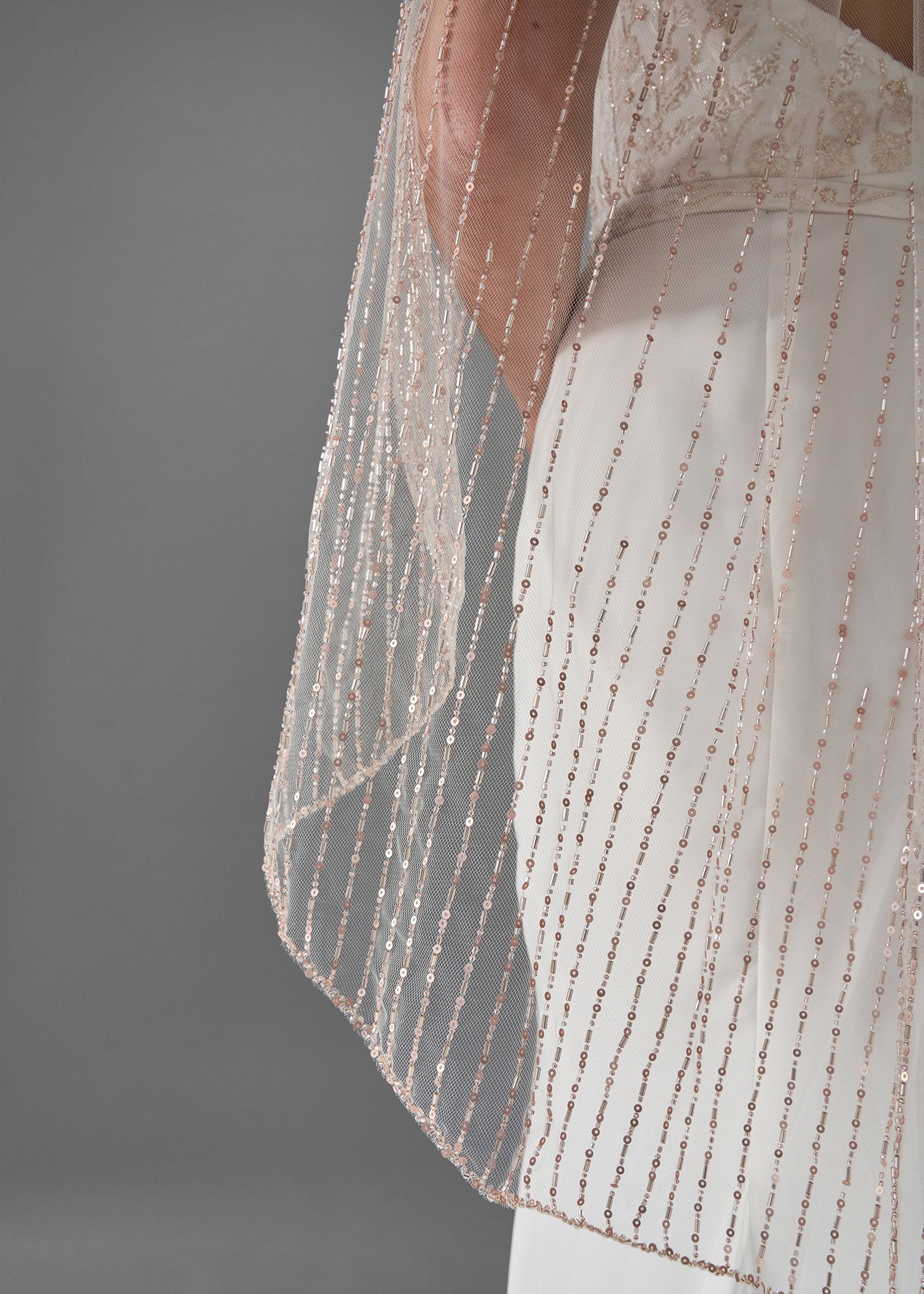 Blush Wedding Veil with Vertical Beaded & Sequin Trim - Details