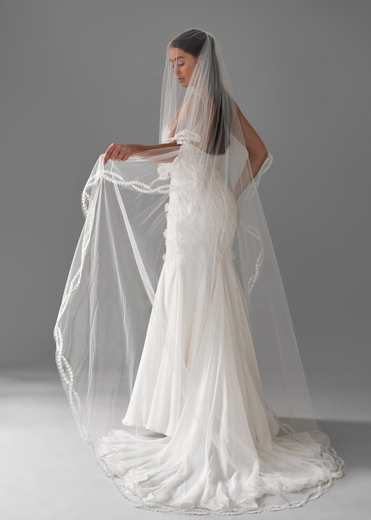 Cathedral Wedding Veil with Beaded Swirl Blusher | Lotus Threads Bridal