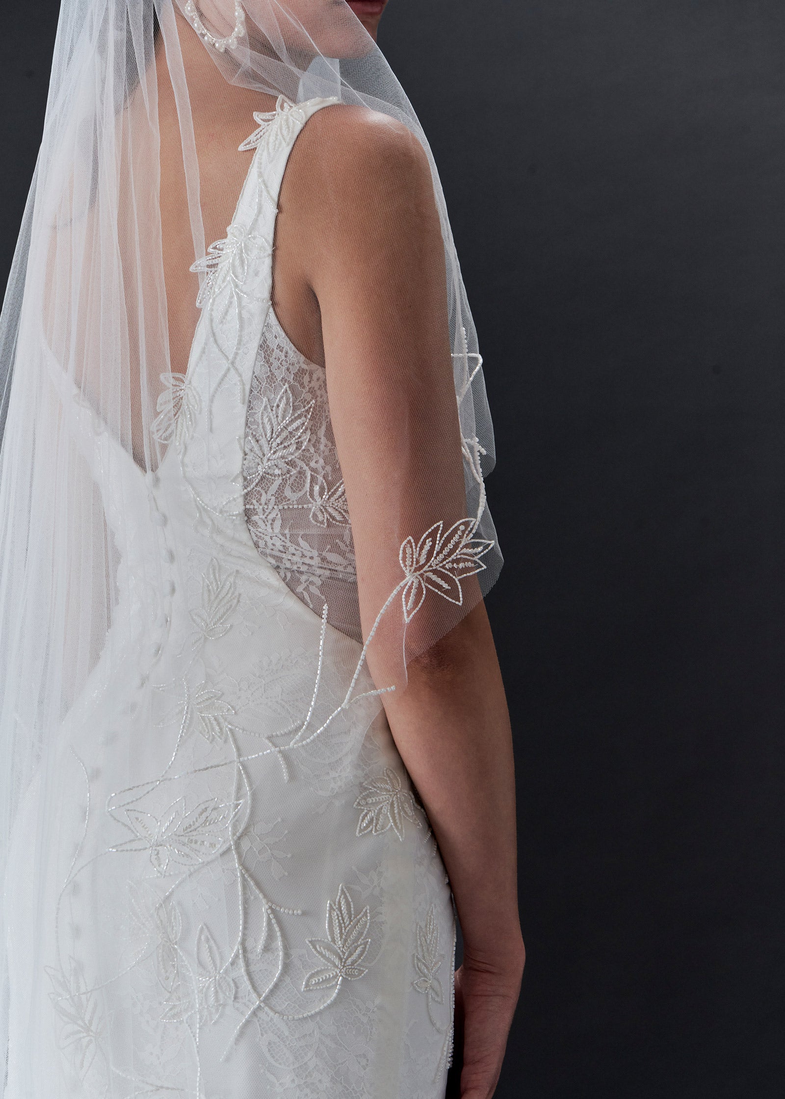 Short Wedding Veil with Hand Beaded Floral Edge