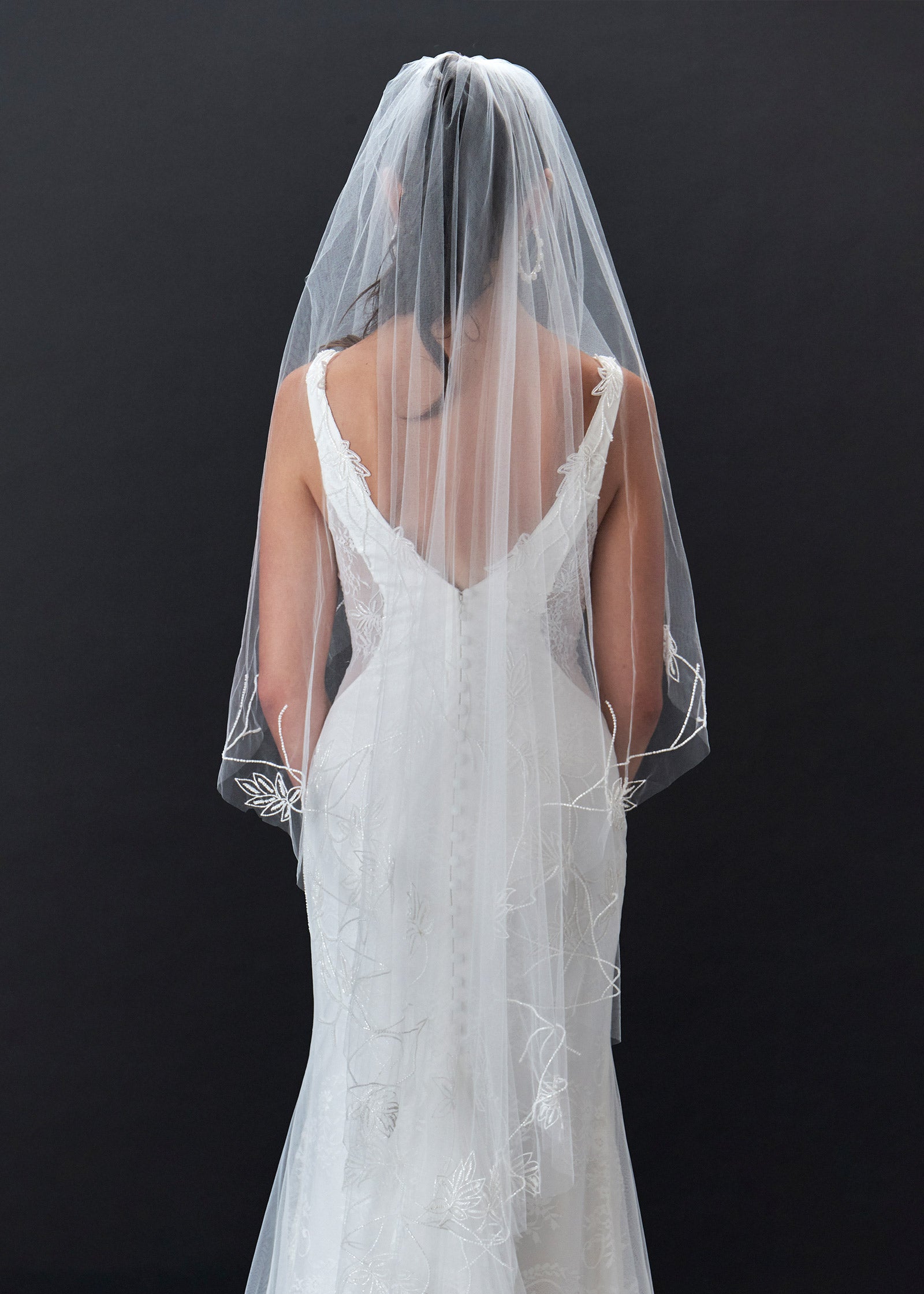 Short Wedding Veil with Hand Beaded Floral Edge | Lotus Threads Bridal