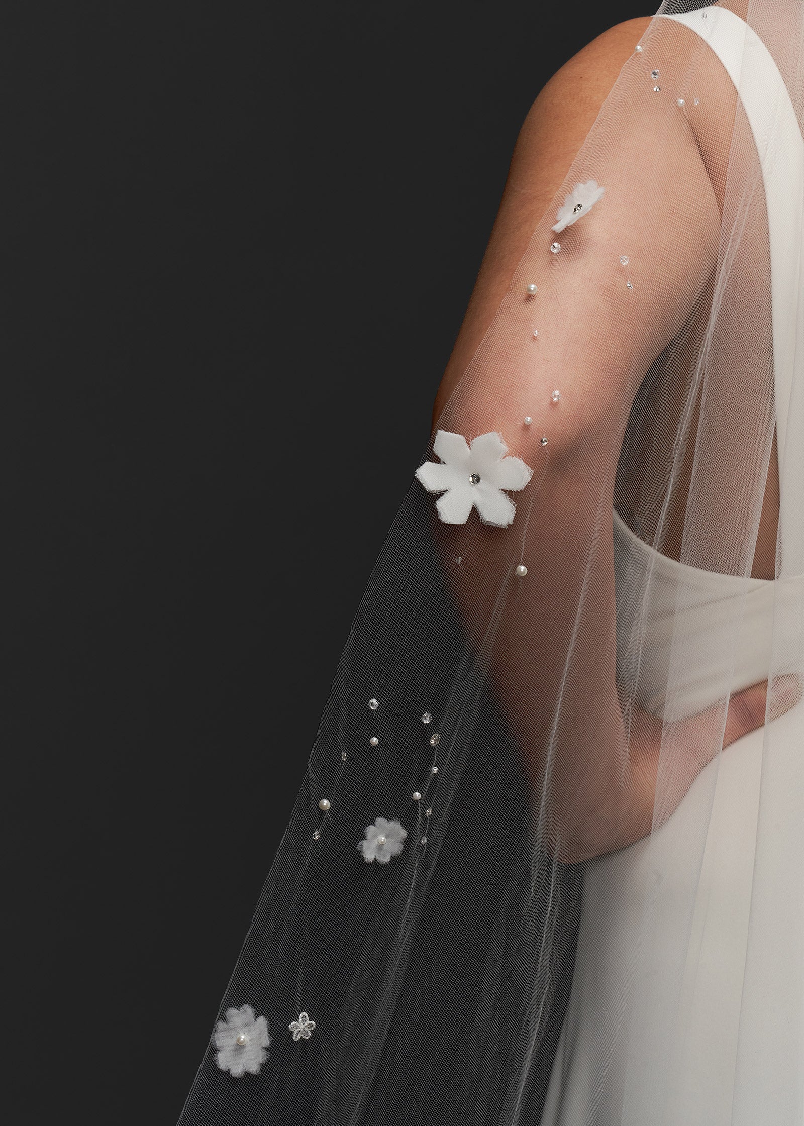 Cathedral Wedding Veil with Pearls, Crystals & flowers details