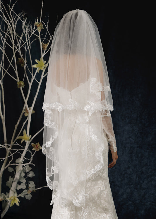 Tiered Short Wedding Veil with Floral Embroidery | Lotus Threads Bridal