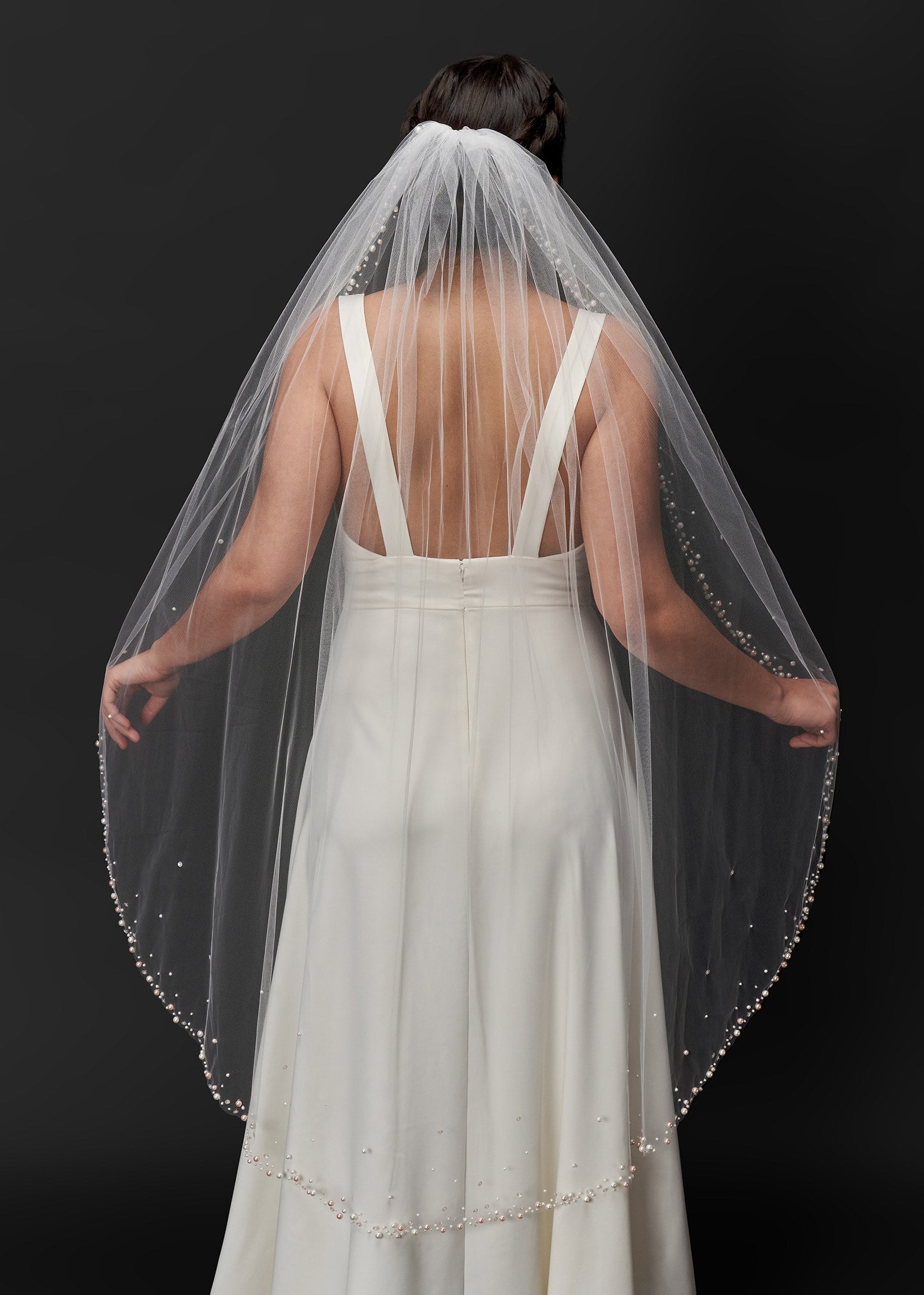 Short Wedding Veil with White & Rose Pearl Trim | Lotus Threads Bridal