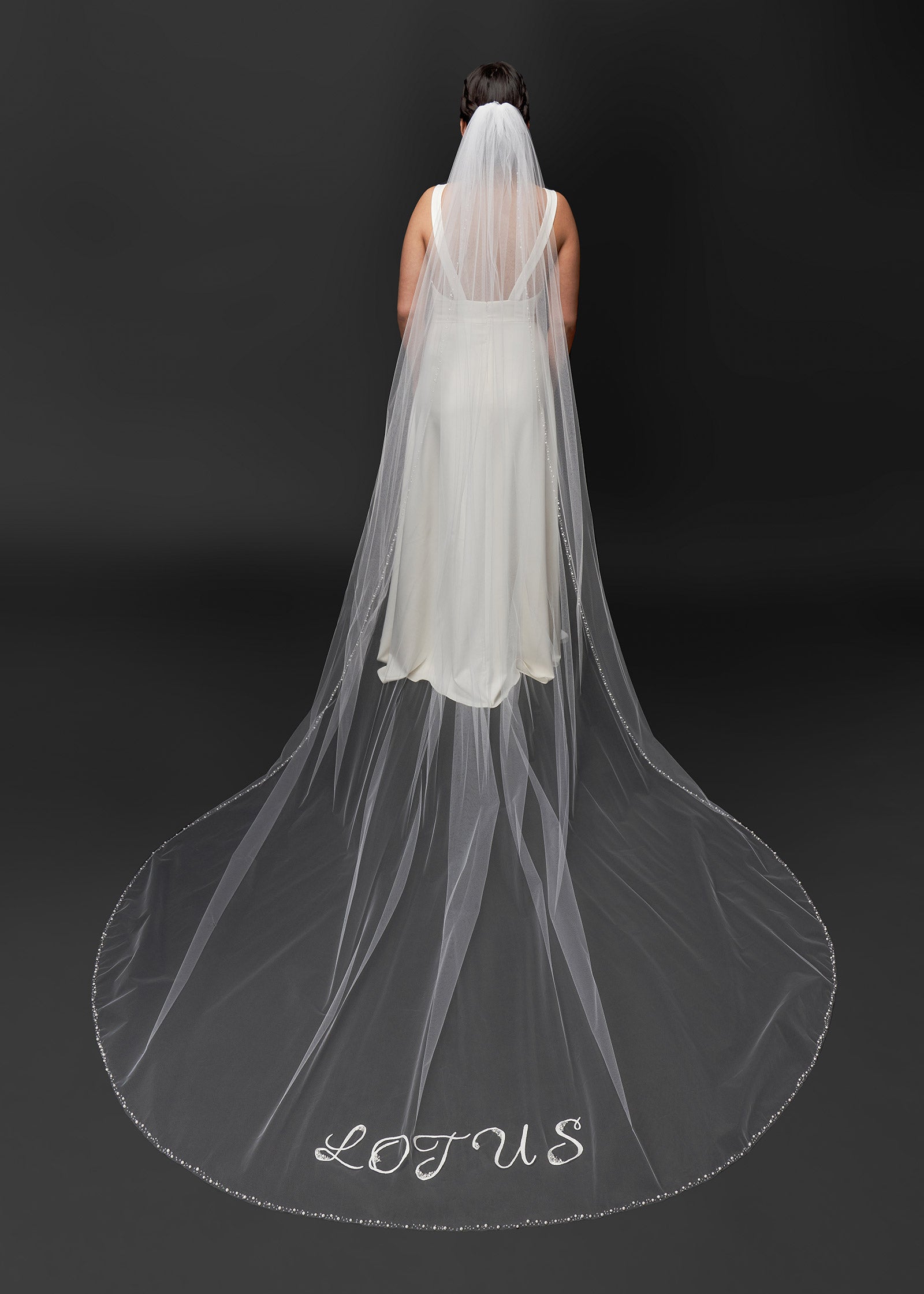 Pearl-Trimmed Cathedral Veil with Lotus Hand-Sewn Design