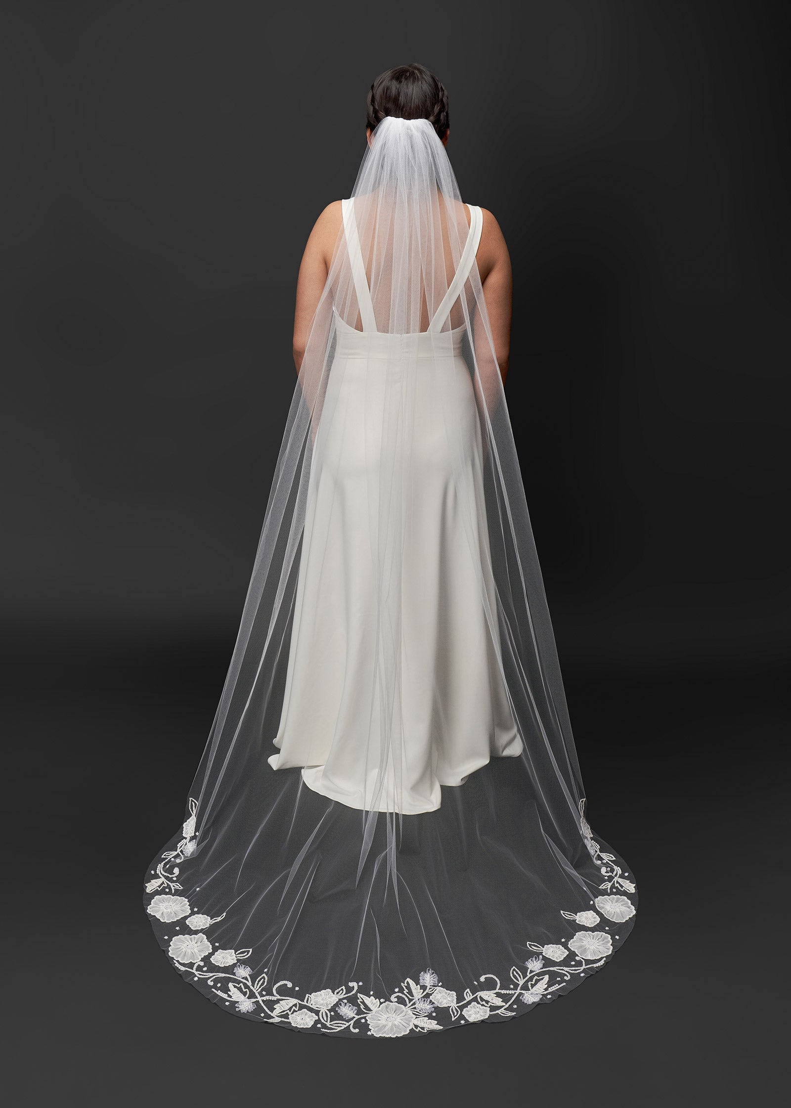 Elegant Cathedral Veil with Organza Flowers & Beading | Lotus Threads Bridal