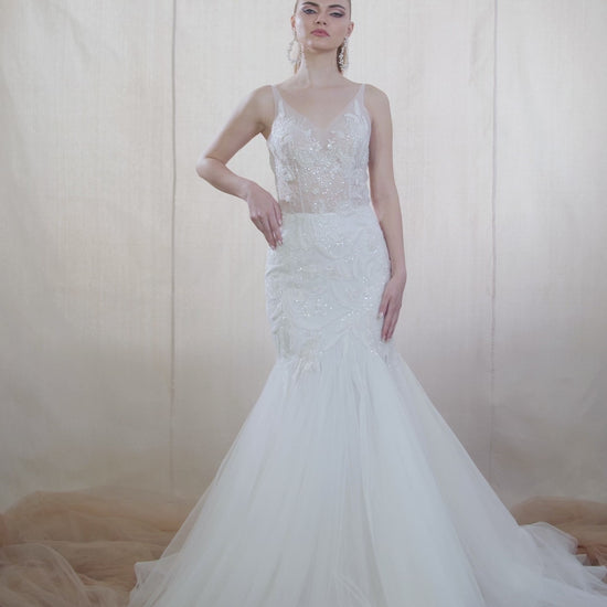 Fit and flare Wedding Dress with lace crystal applique | Lotus Threads Bridal