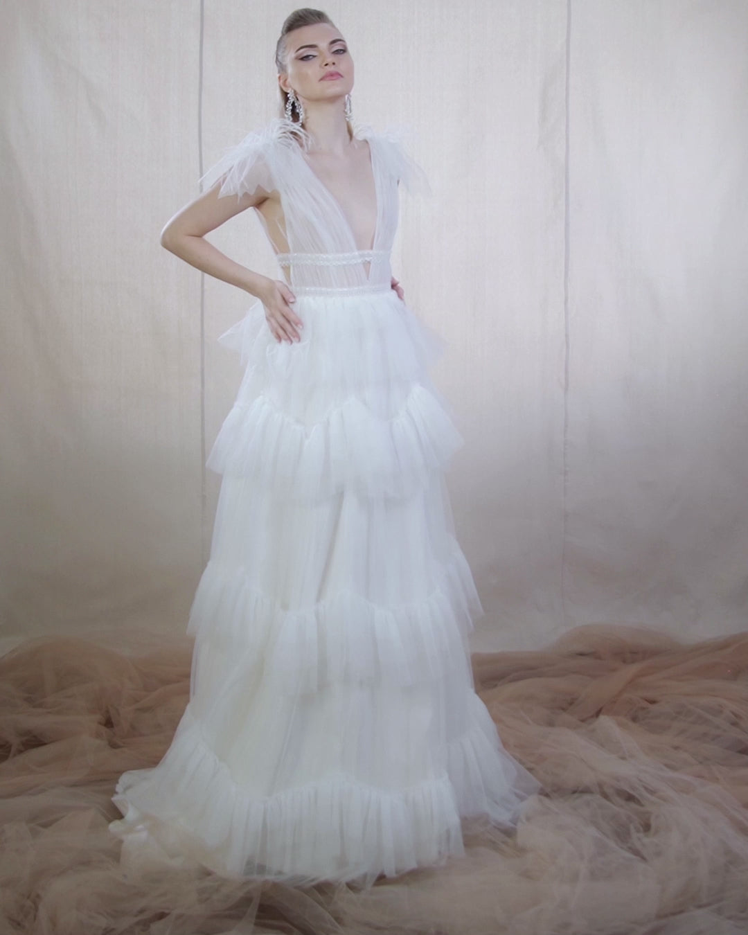 Deep V-Neck Tulle Ball Gown with Cascading Layered Ruffles | Lotus Threads Bridal