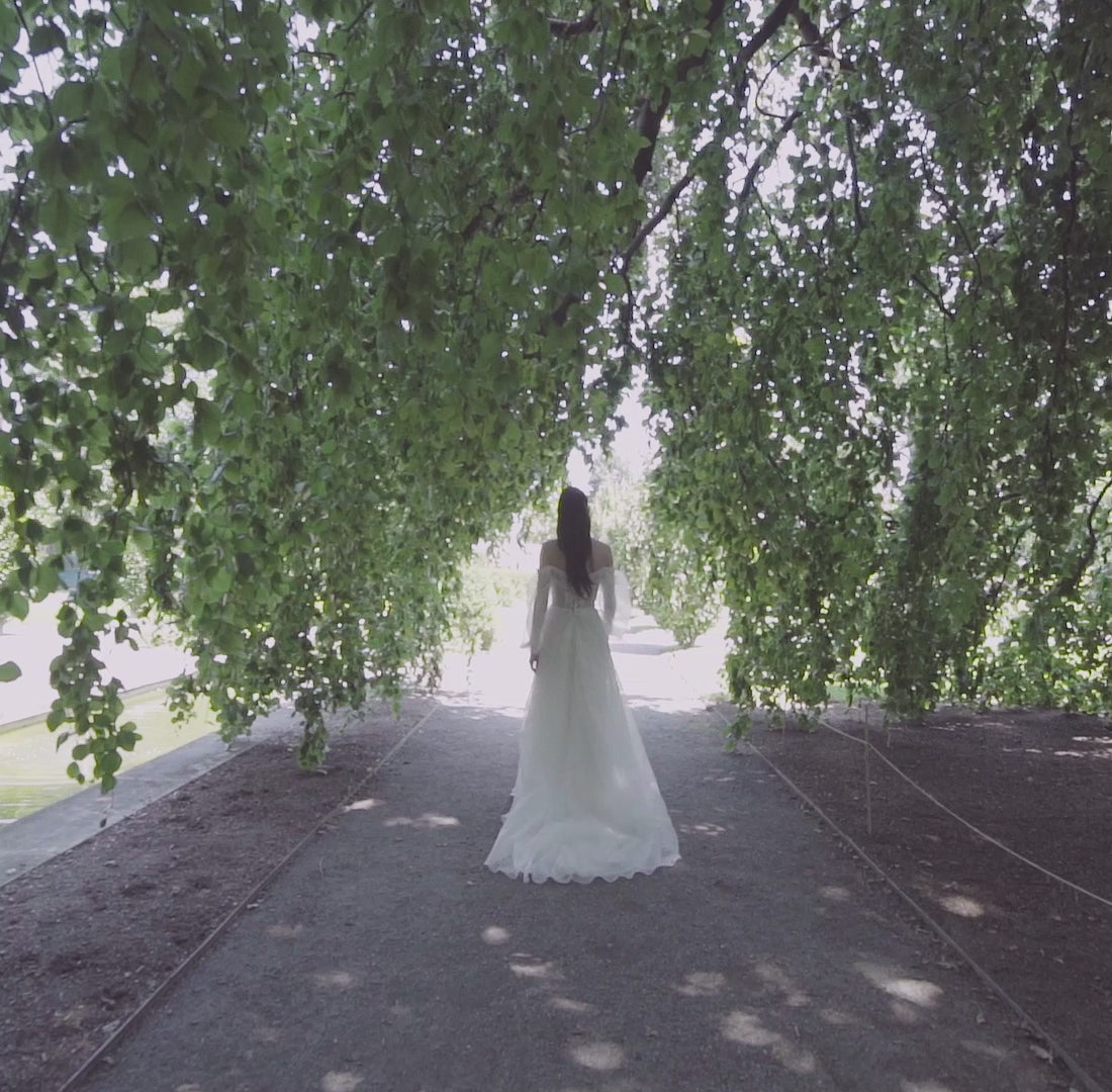 A-Line Organza Wedding Gown with Off-the-Shoulder Sweetheart Neckline | Lotus Threads Bridal