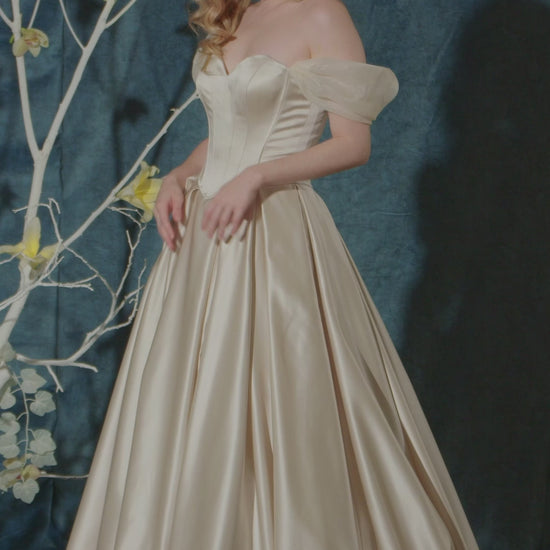 Sweetheart Satin Wedding Dress Ball Gown with Drop Waist and Royal Train | Lotus Threads Bridal