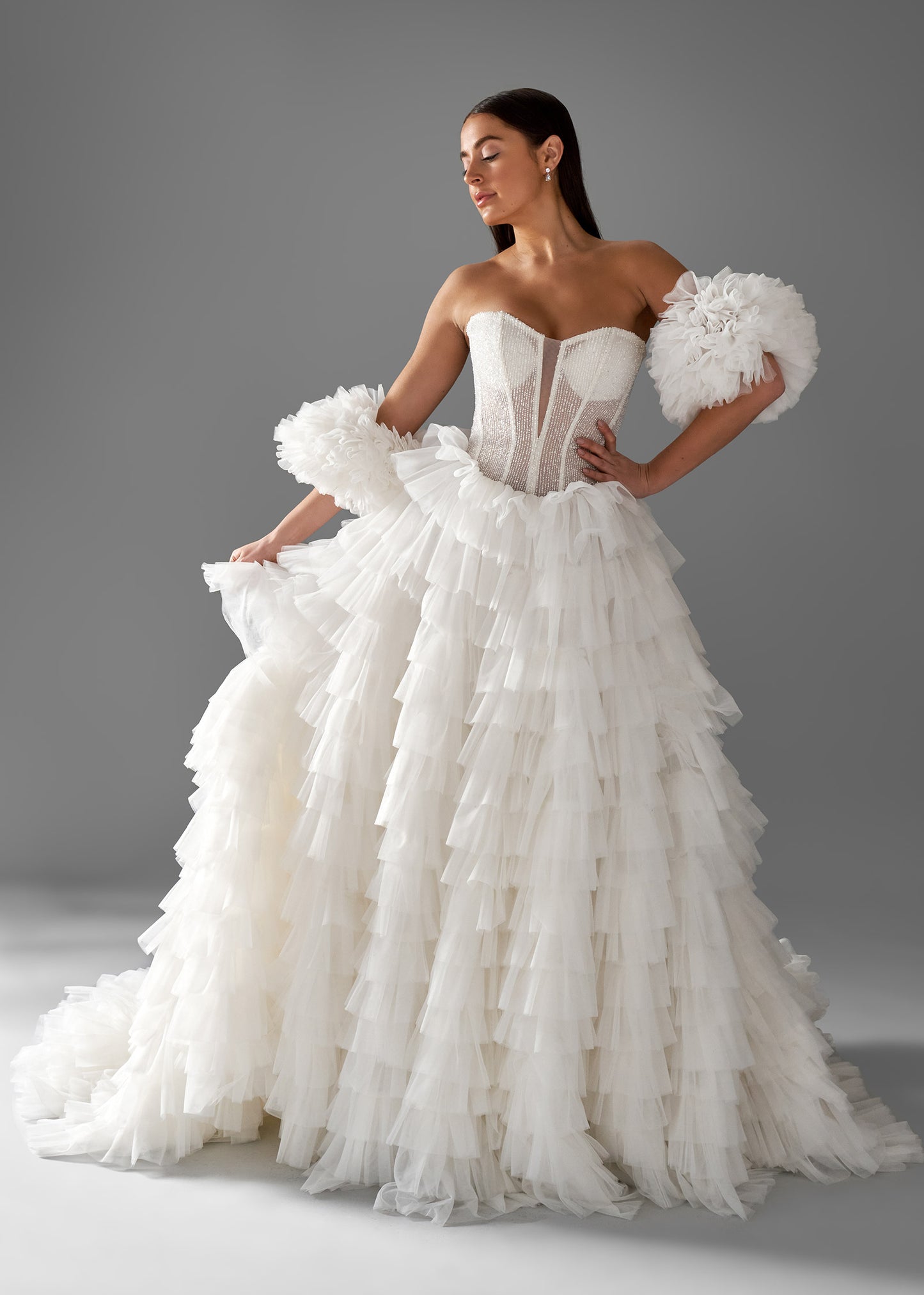 Beaded Corset Gown with Ruffled Skirt and Cathedral Train | Lotus Threads Bridal