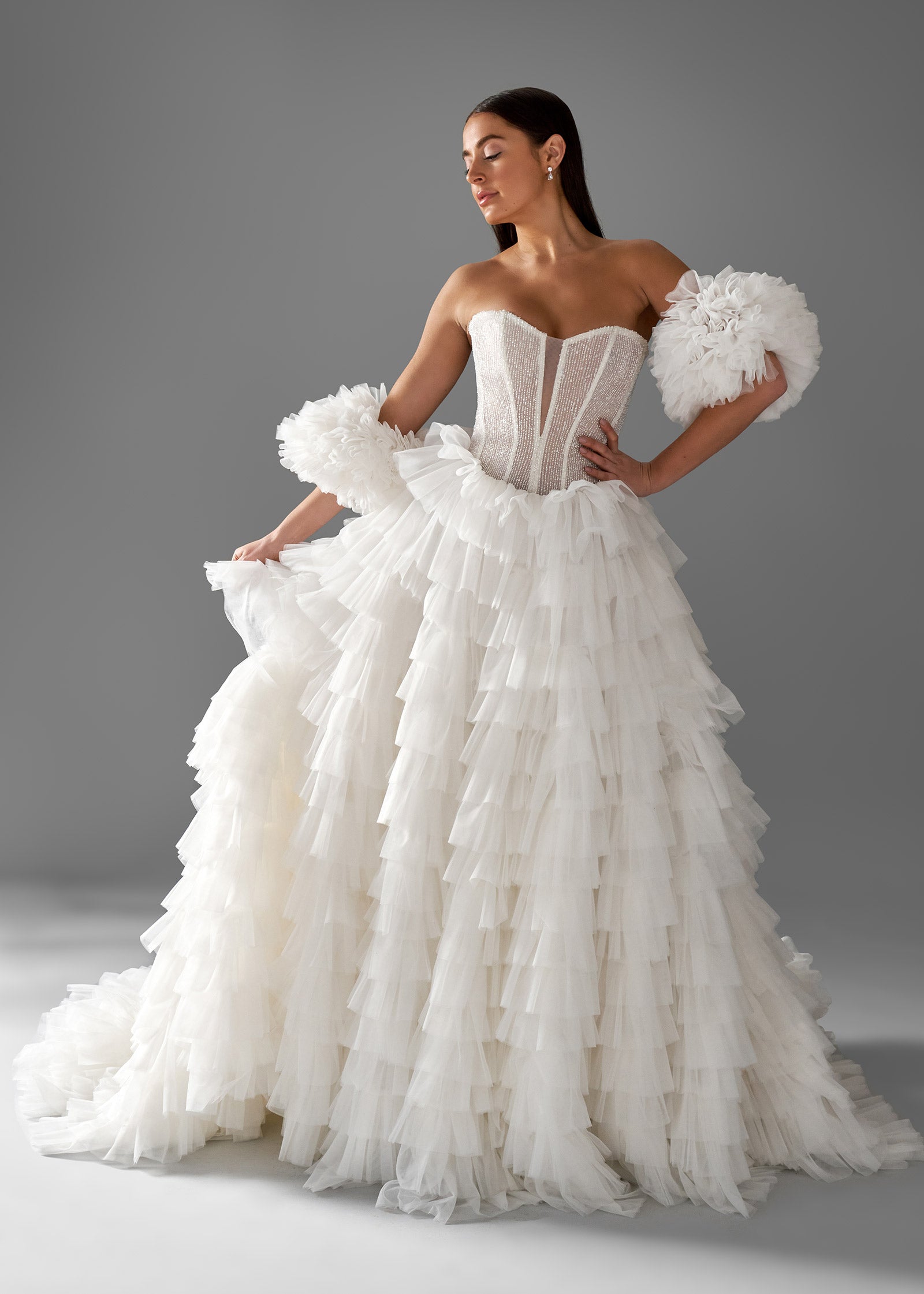 Beaded Corset Gown with Ruffled Skirt and Cathedral Train | Wedding Dress | Lotus Threads Bridal