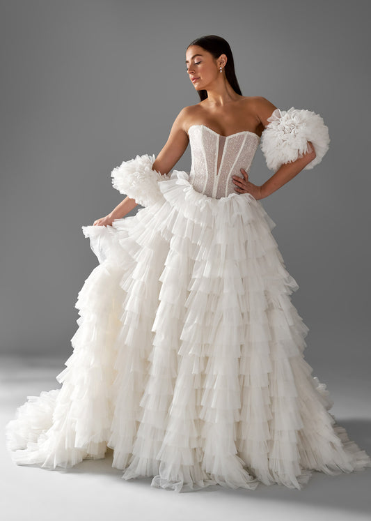 Beaded Corset Gown with Ruffled Skirt and Cathedral Train | Wedding Dress | Lotus Threads Bridal